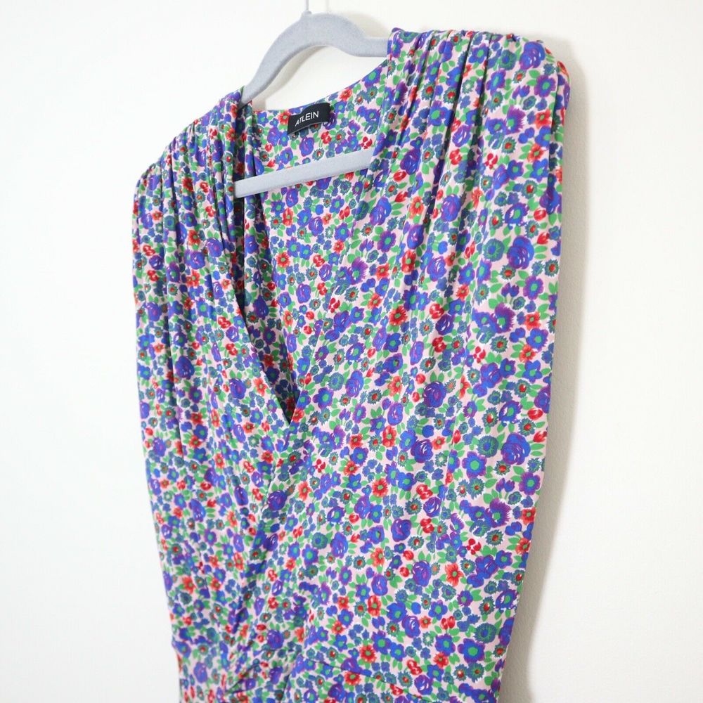 Atlein Size 34 US 2 Floral Print Jersey Dress Midi Ruched Slit Leg V Neck - Picture 4 of 11